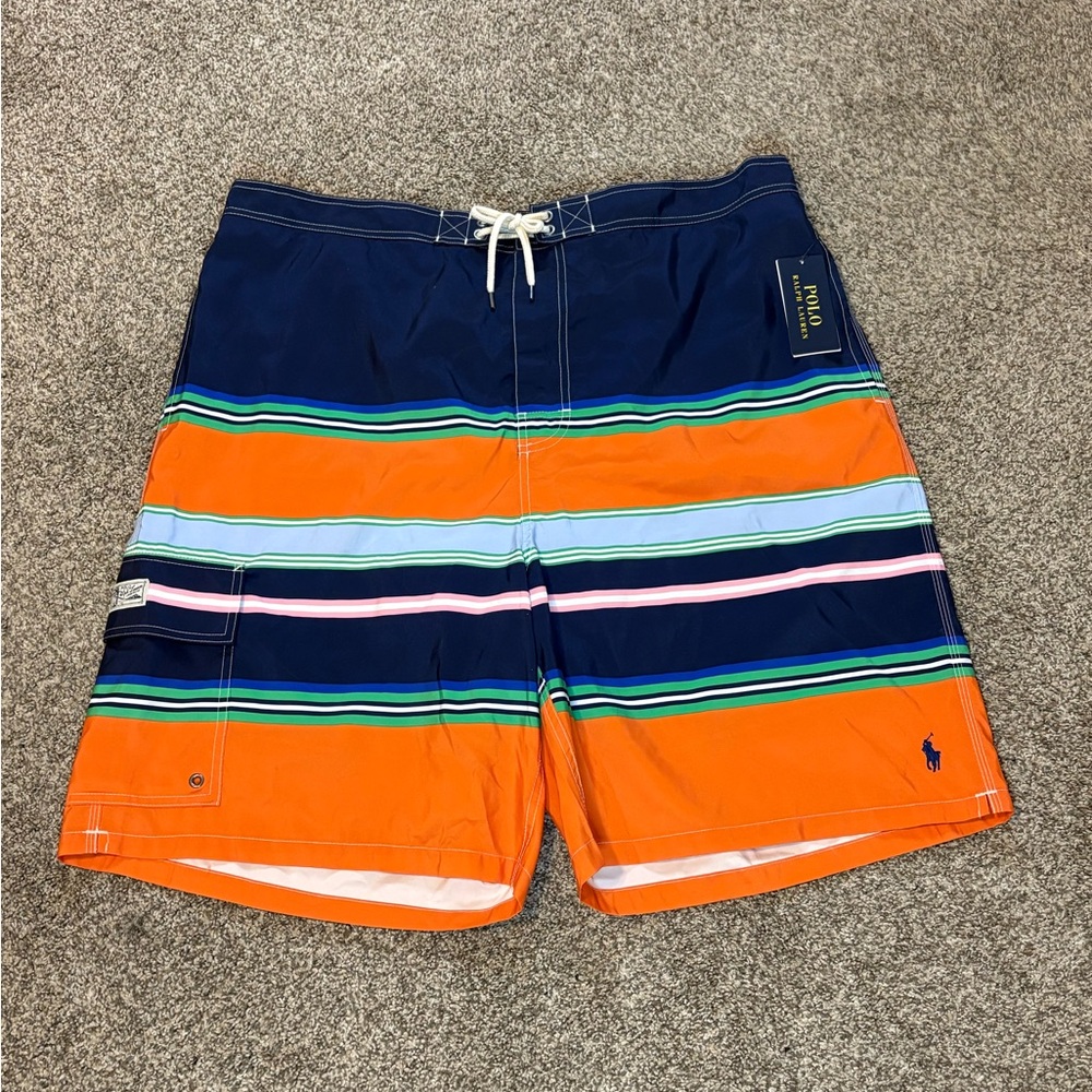 Polo Ralph Lauren Swim Trunks Men Board Shorts Orange Blue Striped, 2XLT